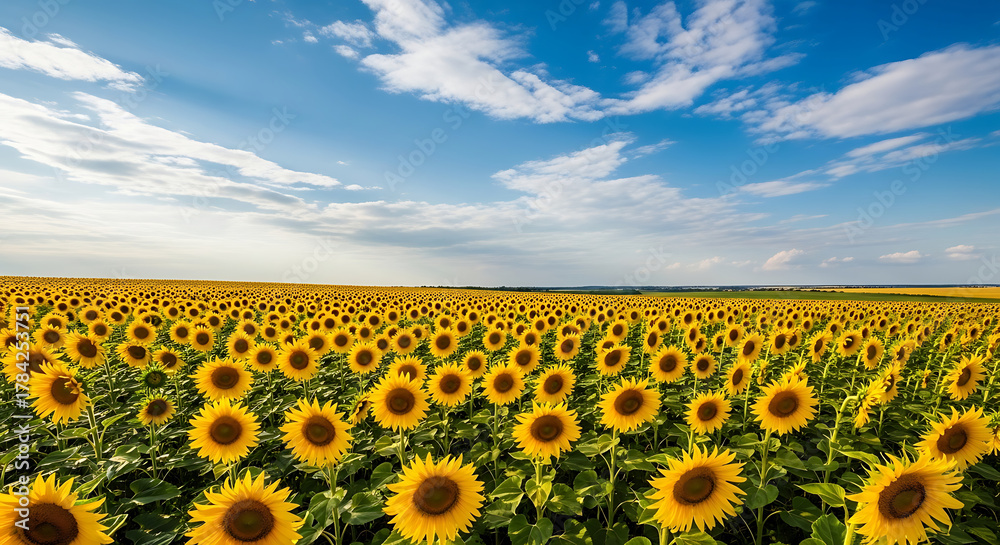 Obraz premium Vast Sunflower Field Under a Blue Sky with White Clouds 