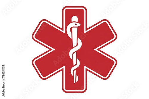 Red Star of Life Symbol with a White Caduceus Serpent  star of life, medical symbol, emergency medical services, ems, caduceus, serpent, snake, staff, red, white, healthcare, medicine