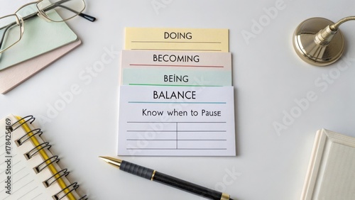 Inspirational notes on balance with focus on being, doing, becoming, and the importance of knowing when to pause