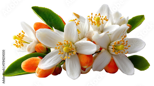 Orange Blossom Cluster: A close-up view unveils a delicate cluster of vibrant orange blossoms, with each petal carefully unfurling to reveal a hint of golden anthers. 