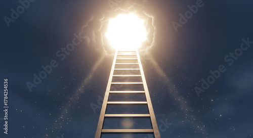 A glowing doorway atop a ladder ascends from a dark sky, inviting a luminous ascent toward dawnrise