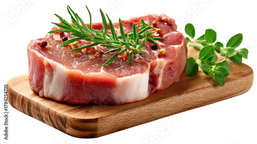 Fresh Pork Chop on Wooden Board: A succulent, raw pork chop, perfectly marbled and seasoned with herbs, rests on a rustic wooden cutting board, inviting culinary delights and delicious flavor