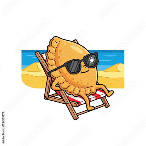 A pastel cartoon character is relaxing on a beach chair with sunglasses