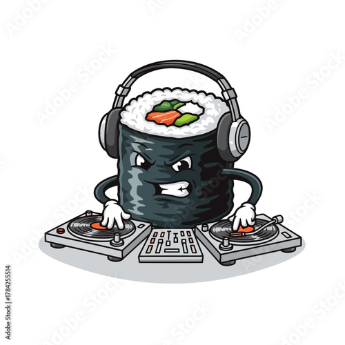 Cartoon sushi dj a sushi roll character with headphones playing music on turntables, mixing beats with style