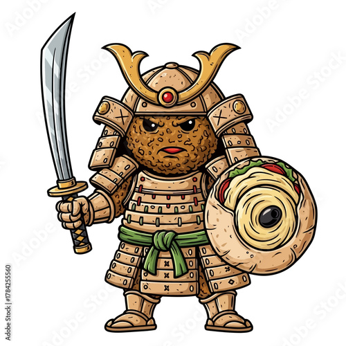 Illustration of a meatball samurai warrior with a sword and shield the character is wearing traditional samurai armor