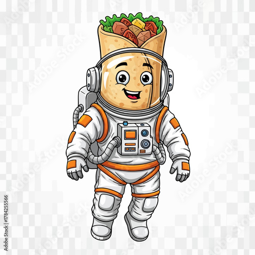 Illustration of a cartoon burrito astronaut in a space suit isolated on a transparent background the character is floating in space with a smile