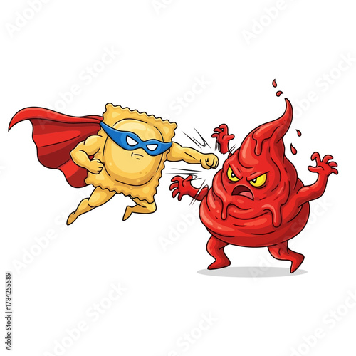 A heroic ravioli superhero punches a spicy marinara villain, , in an epic food fight of flavor and justice