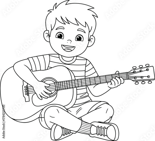 Cheerful cartoon boy playing acoustic guitar, ideal for music education, childhood creativity, or family activity vector illustrations, simple line art with joyful expression