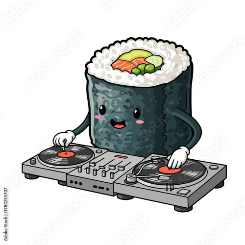 A delightful sushi roll dj, , spinning tunes on turntables with a kawaii expression, blending culinary art with musical passion