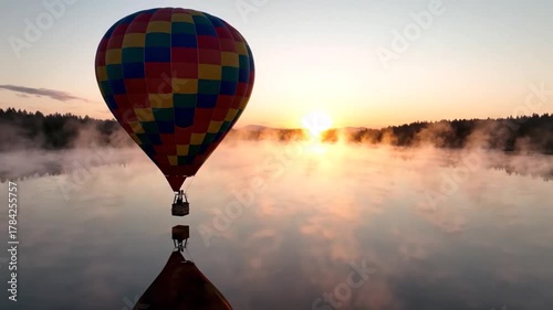 Hot Air Balloon Ride Over Misty Lake at Sunrise Serene Adventure.