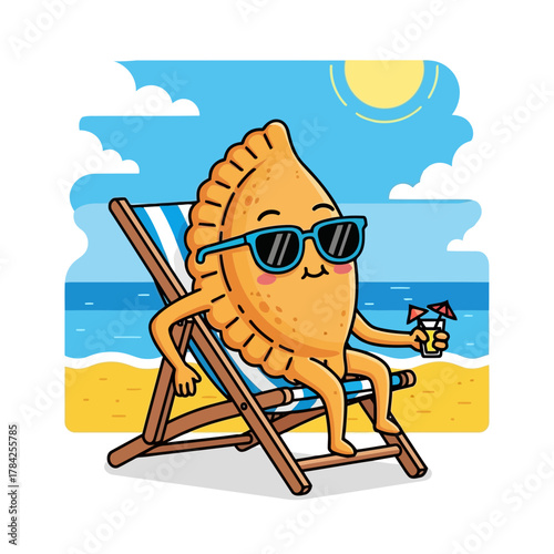 A charming empanada enjoys a beach vacation, , relaxing in a deck chair with sunglasses and a refreshing drink under the sun