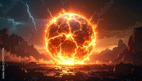 Fiery orb above a rocky landscape, lightning strikes in the distance