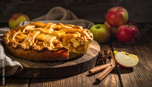 Delicious apple pie with lattice crust and fresh apples.