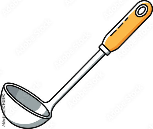 Colorful vector illustration of a kitchen ladle with wooden handle, perfect for cooking, culinary, recipe, or food service design projects, clean modern line art style