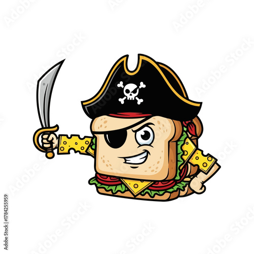 Illustration of a sandwich pirate with a sword and pirate hat a fun and whimsical design for food lovers and adventure seekers