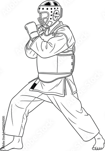 Dynamic cartoon martial artist in full protective gear, ready stance with gloves up, ideal for taekwondo, combat sports, or training design projects, clean black and white line art