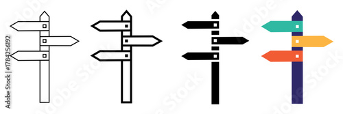 Set of minimalist signpost icons with transparent background, depicting directional pointers for navigation, choice symbols, guidance, and path options, vector illustration