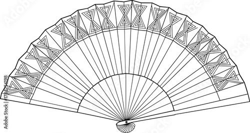 Elegant geometric fan illustration, vintage hand fan design, ornate patterned folding fan, minimalist line art, decorative accessory for fashion and culture