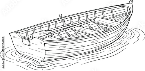 Hand-drawn vector illustration of a classic wooden rowboat on calm water, featuring detailed linework, oars, and ripples for nautical, fishing, or outdoor adventure-themed designs.