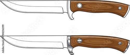Hand-drawn vector illustration of two hunting knives with wooden handles, metallic blades, and detailed linework for outdoor, survival, or camping-themed designs.
