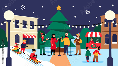 Festive Christmas Choir And Kids In Snowy Town
