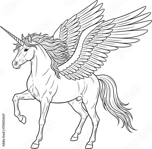 Magical winged unicorn line art, fantasy creature vector illustration, perfect for fairy tales, children's books, or mystical design themes, ideal for coloring pages and magical content