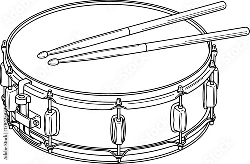 Minimalist line art vector illustration of a snare drum with drumsticks, ideal for music, percussion, band, or educational design projects, clean black and white outline style