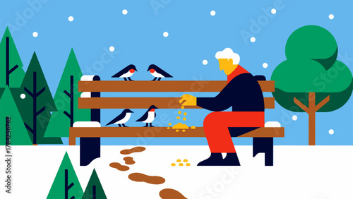 Quiet Winter Morning Feeding Park Birds