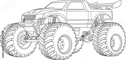 Monster truck vector illustration, line art design, off-road vehicle outline, big tire pickup, racing car sketch, coloring page style, cartoonish heavy duty truck, extreme sports vehicle