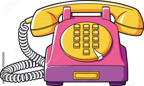 Retro vintage telephone in pink and yellow, classic rotary phone illustration for communication, nostalgia, or office themes, perfect for logos, posters, and design projects