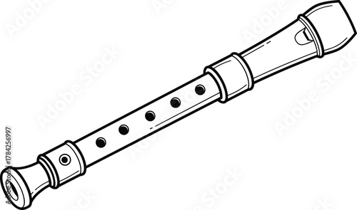 Simple line art illustration of a classic recorder flute, ideal for educational, musical, or vintage design projects, clean vector style