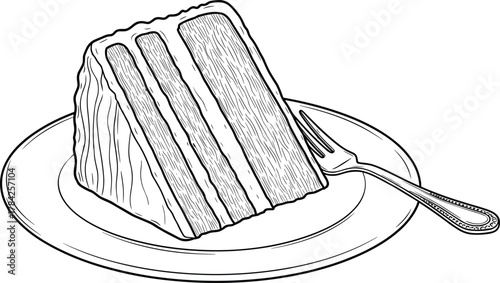 Slice of layered cake on a plate with fork, line art vector illustration for dessert, baking, or celebration themes, perfect for menus, logos, and sweet treat content