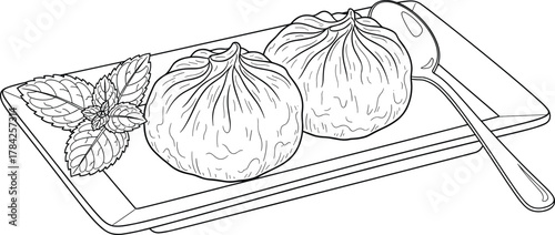 Two figs on a rectangular plate with mint leaves and spoon, line art vector illustration for fruit, dessert, or healthy eating themes, ideal for menus and food content