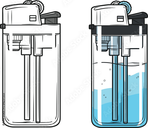 Water filter bottle vector illustration, portable purification system, line art design, before and after filtration sketch, hydration solution, eco-friendly drinking, isolated on white, health concept