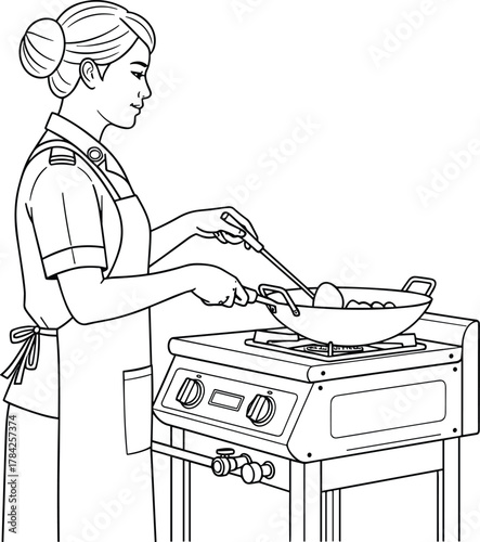 Woman chef cooking in kitchen with wok on gas stove, line art vector illustration for culinary, home cooking, food preparation and restaurant themes
