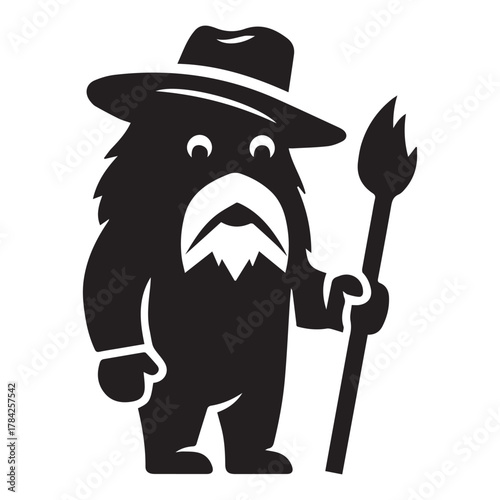 Black Silhouette of a Bearded Figure in a Hat Holding a Staff
