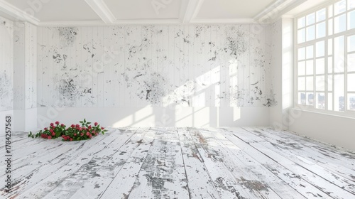 Empty Room with Flowers and Wooden Floor