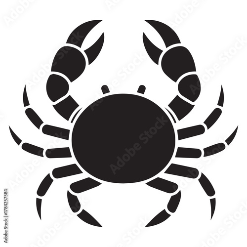 Black silhouette of a crab with raised claws black and white