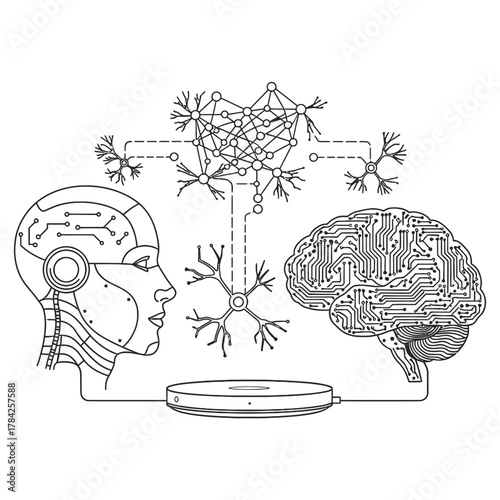 Futuristic AI technology line art illustration showing neural network, robot head, brain circuits, and smart home hub in minimal modern style