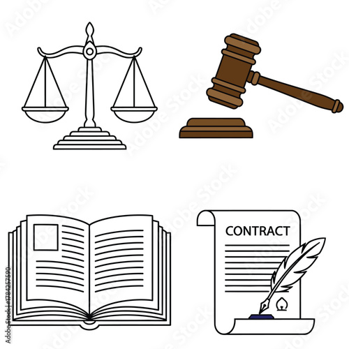 Professional legal line art illustration featuring scale of justice, gavel, law book, and contract document for law and legal services