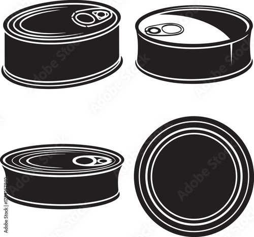 Set of four black and white illustrations of tin cans