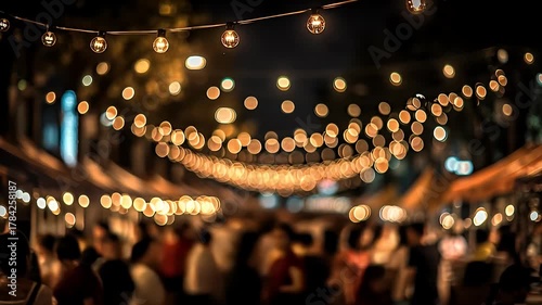 Blurred night market crowd near fast food truck. 4K Video