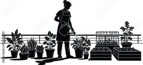 Black silhouette woman watering plants on balcony garden, home gardening, potted plants care, urban green lifestyle, eco-friendly horticulture vector illustration