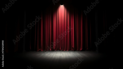 mortification. Theater curtain rises on an empty stage under a single dramatic spotlight. event programs, museum guides, designed for cultural heritage projects and event programs.