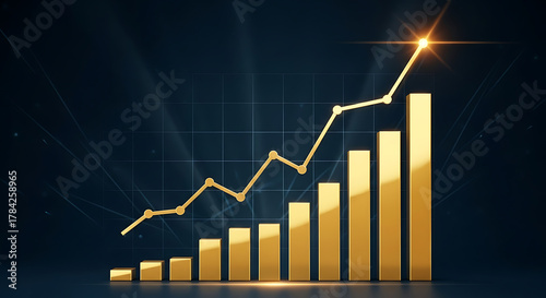 Gold ascending bar chart with a connected upward line on a dark blue grid, starburst at peak bright