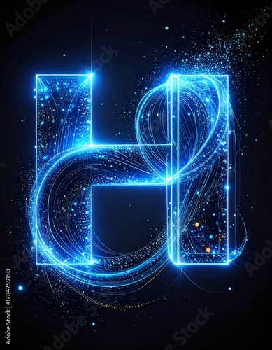Illuminated blue letter H with swirling light trails and particle effects