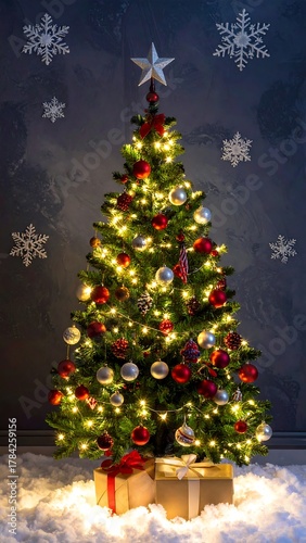 Illuminated Christmas tree adorned with ornaments and presents