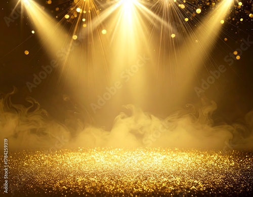 Illuminated golden stage with spotlights and glittered surface, a dreamlike atmosphere