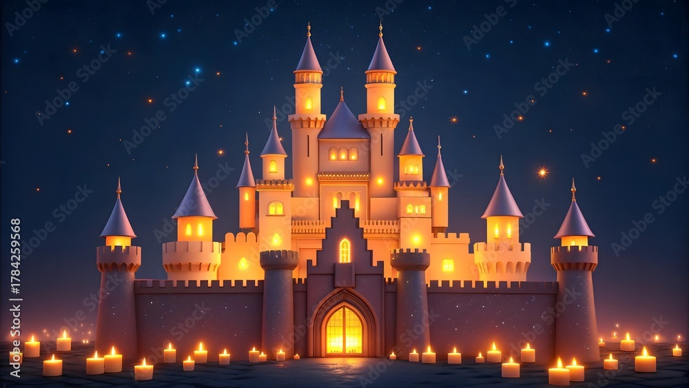 Fototapeta premium Magical fairytale castle illuminated by warm lights and stars at night
