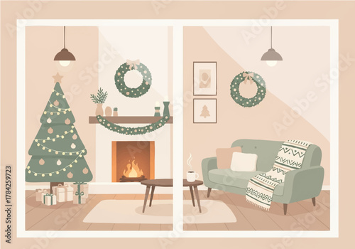 Cozy Christmas living room scene with decorated tree, fireplace, and sofa, creating a warm festive atmosphere.